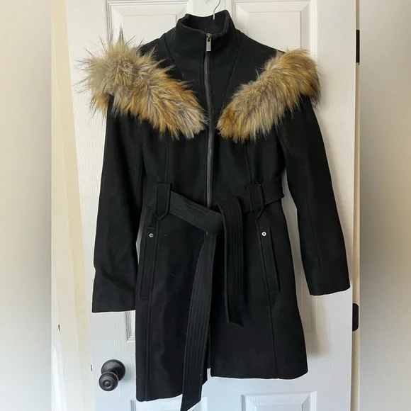 RACHEL Rachel Roy Black Wool Blend Trench Coat with Fur Trim - Picture 1 of 11